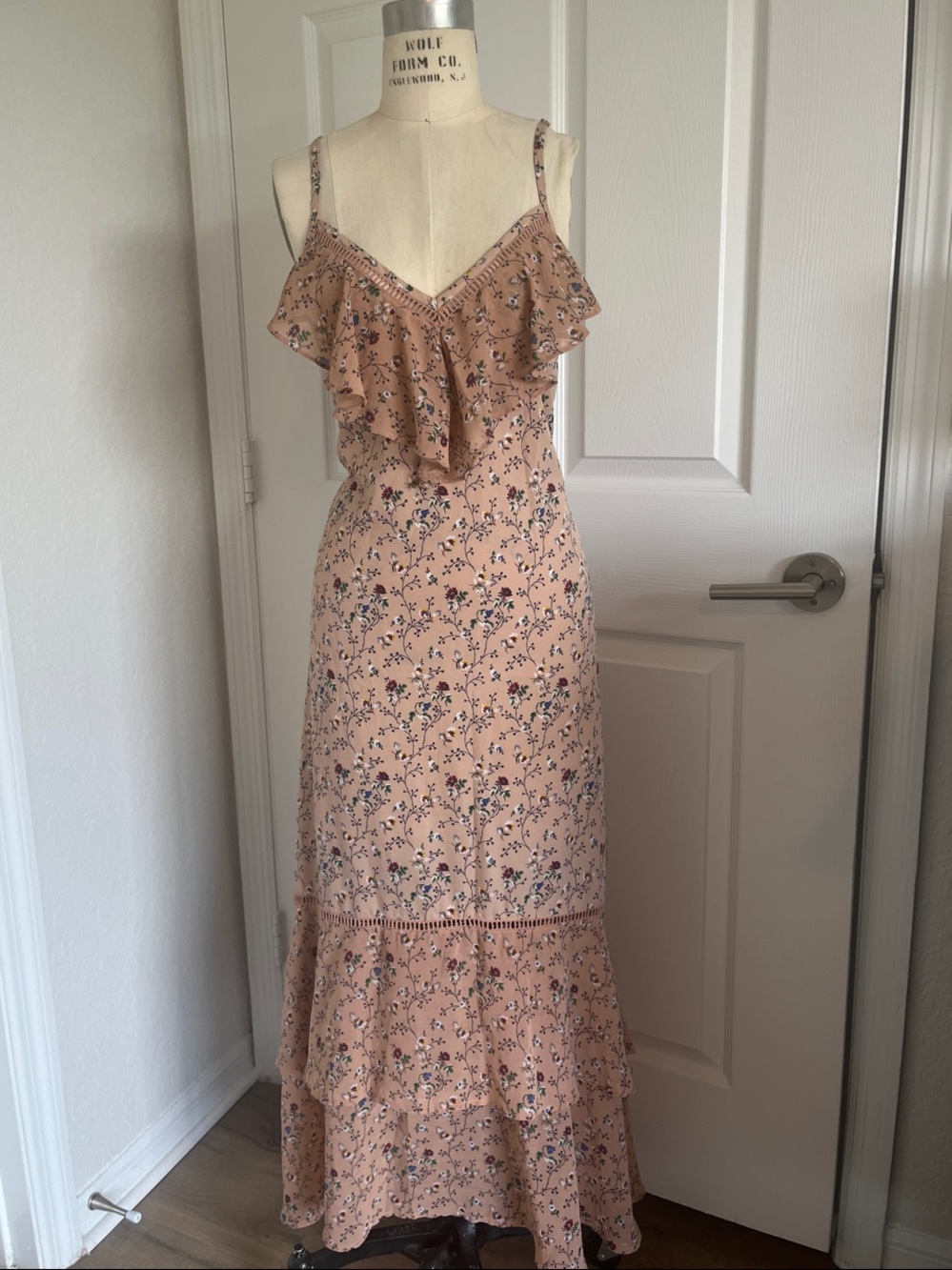 Cozy Casual Blush Peach Ruffle Maxi Dress Flowy Garden Floral Feminine Comfy